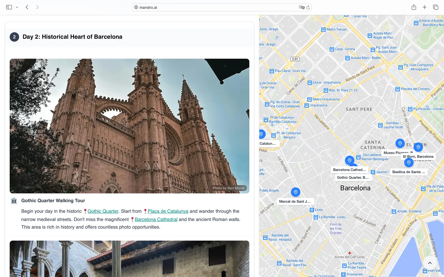 Mandro itinerary preview showing a personalized travel plan
